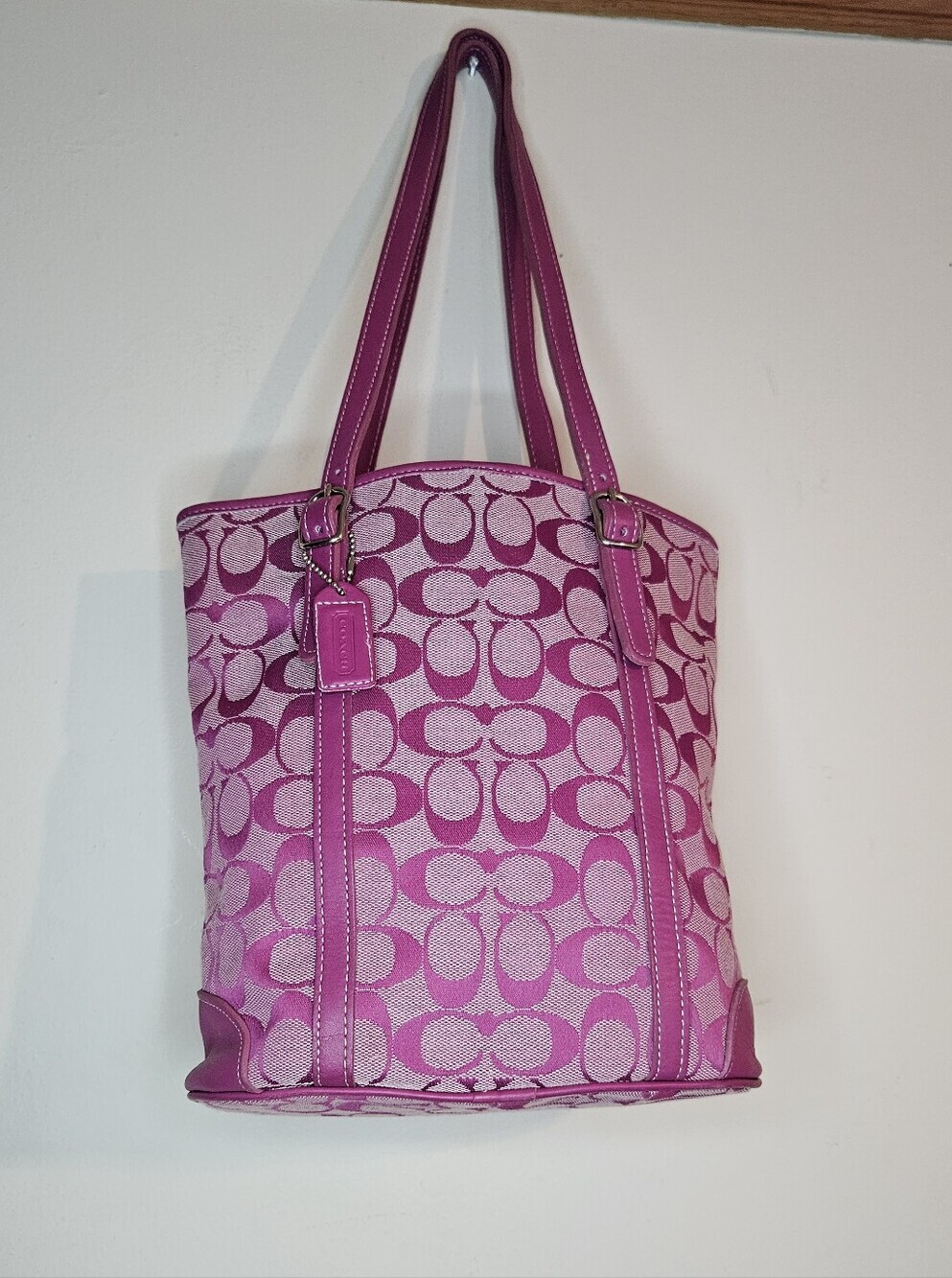 Rare Coach Hampton Y2K Fuchsia Pink Signature Canvas Leather Tote Bag